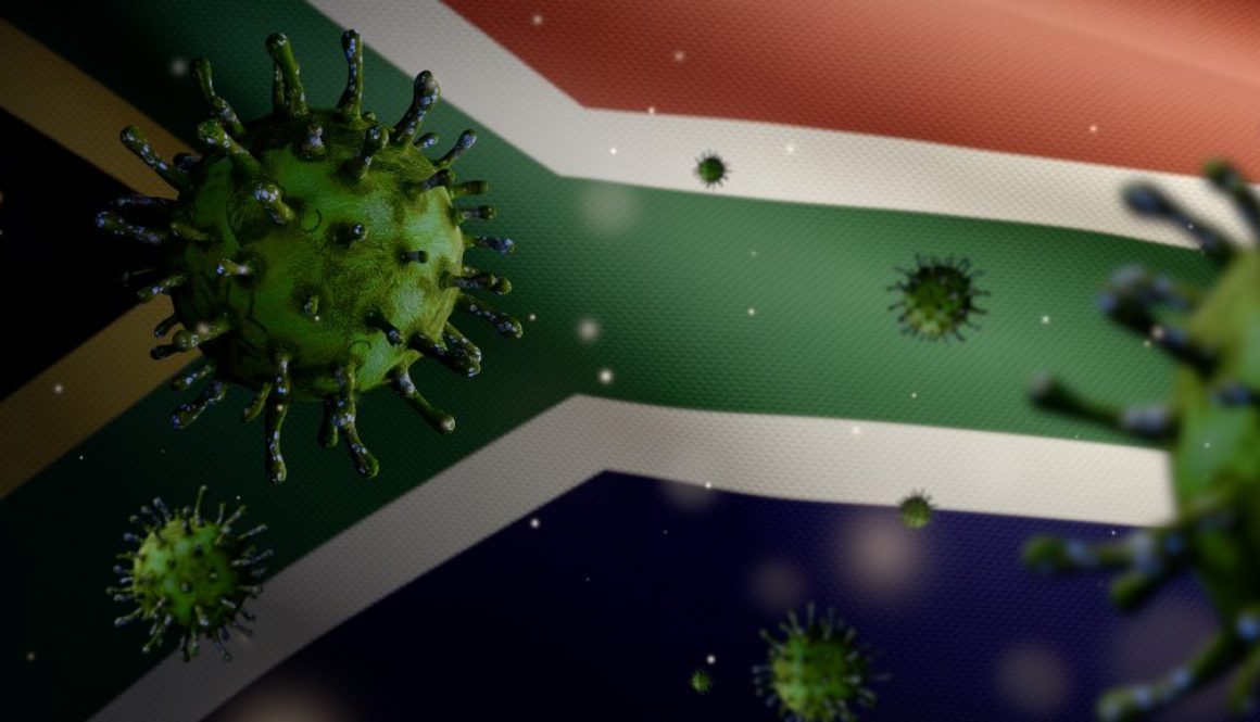 3D illustration Coronavirus floating over African RSA flag. South Africa Covid19